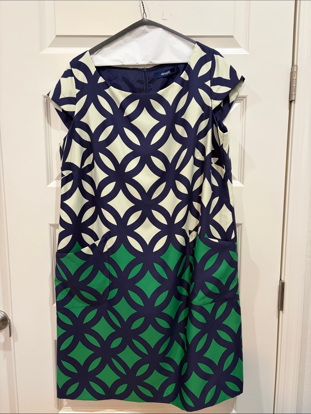 Eloquii Navy, Cream & Green Geometric Silk Shift Dress Wm Sz 16W